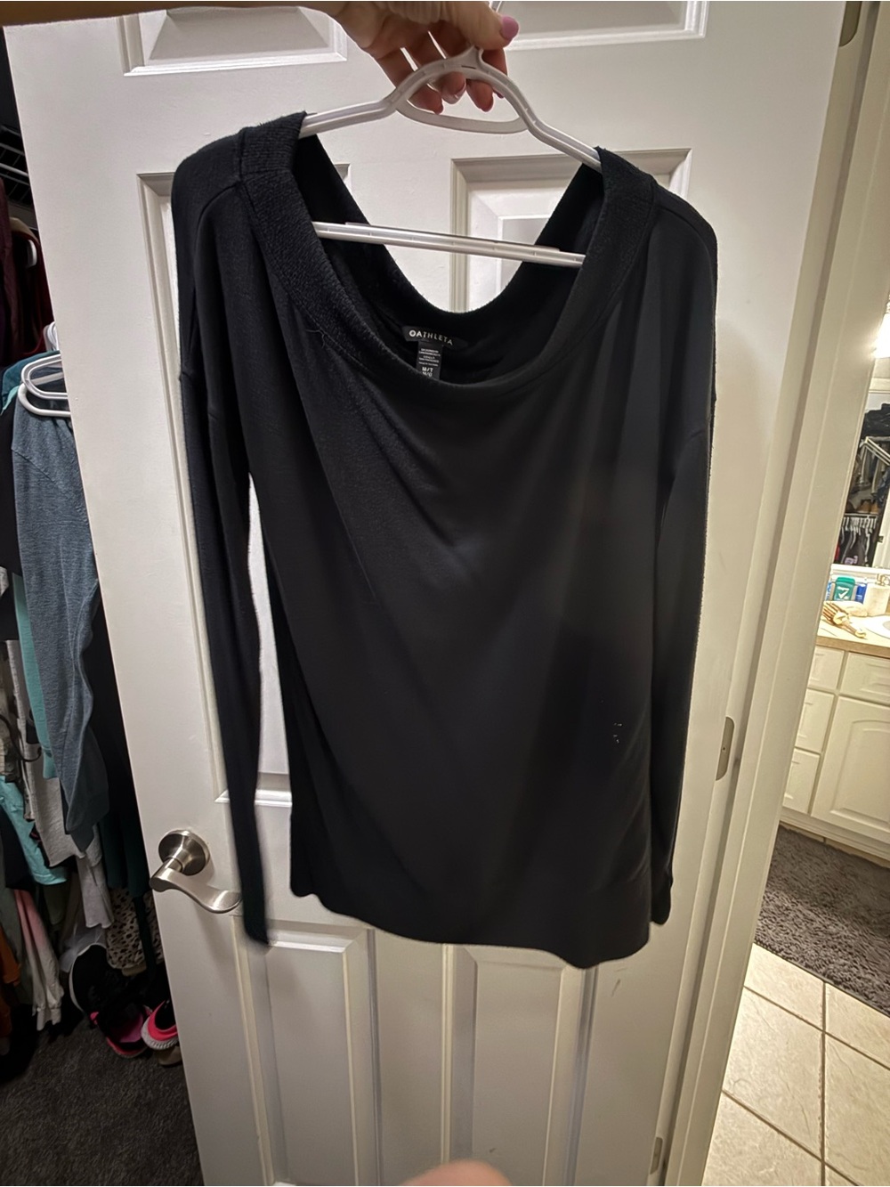 Athleta Black Long-Sleeve Barre sweater, off the shoulder, medium tall